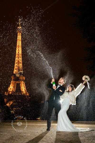 Champagne spray, bride and groom, Eiffel Tower, Paris, destination photographer, Lauren Hollamby photography