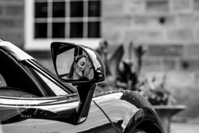 Mclaren wedding car, car mirror reflection
