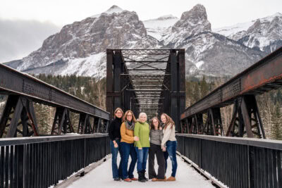 Family Photoshoot at Canmore Engine Bridge with Rundle Mountain backdrop