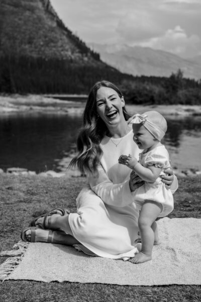 Lake Minnewanka Banff Family photo, Mum and daughter. Holiday photographs. Lauren Hollamby Photography.